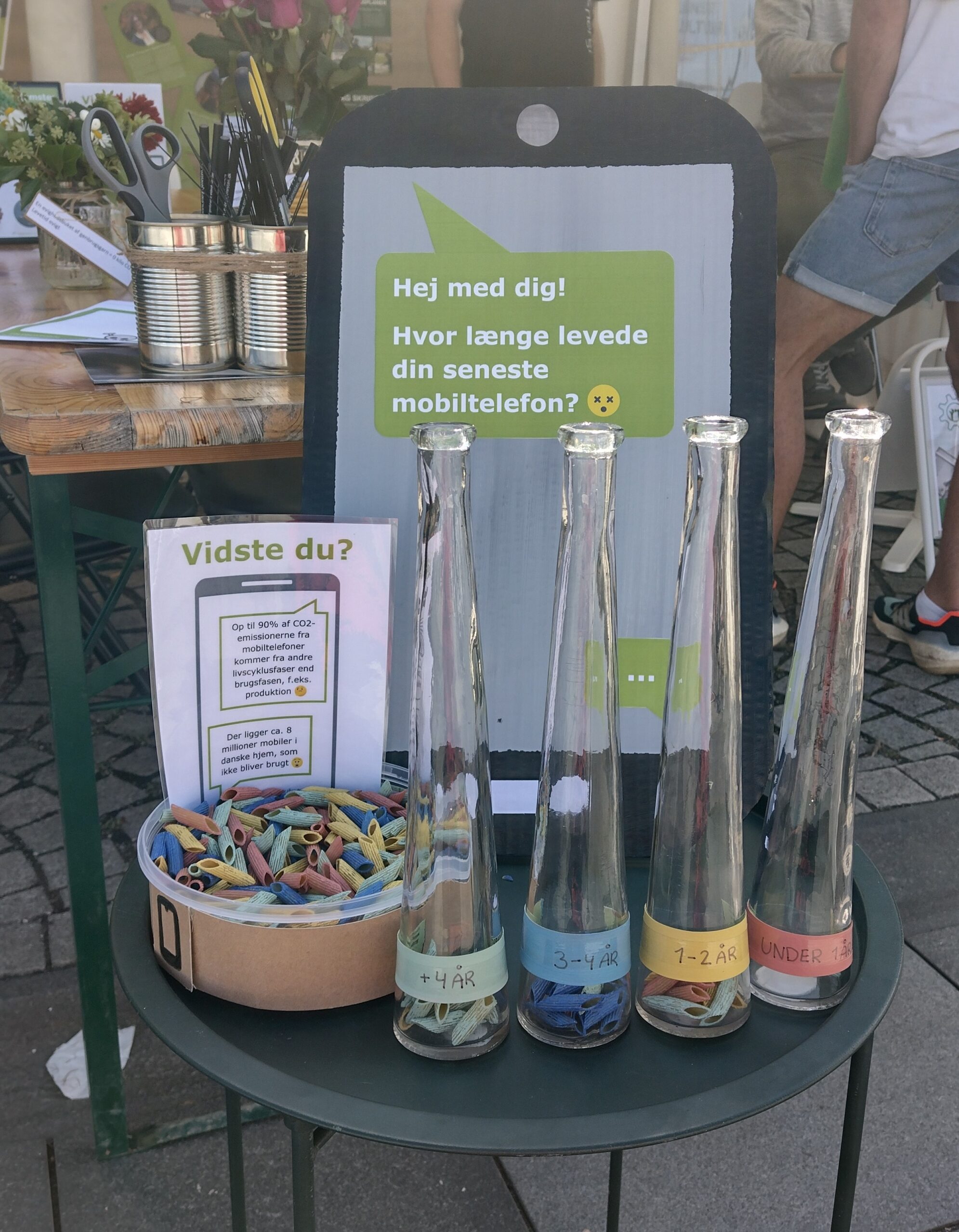 Optælling med farvet pasta af telefoners levetid på Klimafolkemødet 2022.
